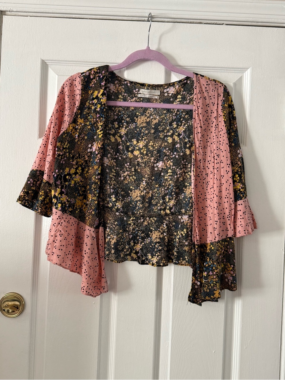 Urban Outfitters Pink and Black Floral & Polka Dot Open Front Top